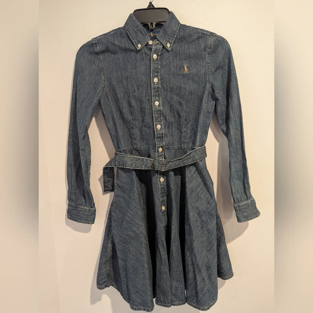 Ralph Lauren Girls Belted Cotton Denim Shirtdress Long Sleeve Size 12